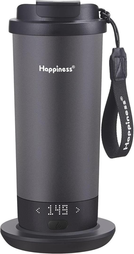 Happiness Self-Heating Travel Mug 20oz,Smart Rechargeable Electric Temperature Control Heated Coffee Cup (Black)