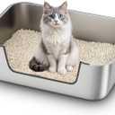 Stainless Steel Cat Litter Box with Low Entry, Large Metal Kitty Litter Box for Senior or Injured Cats, Odor-Free, Non-Stick, Easy to Clean, 23.4"x15.6"x7.8", for Multiple Cats (Silver)