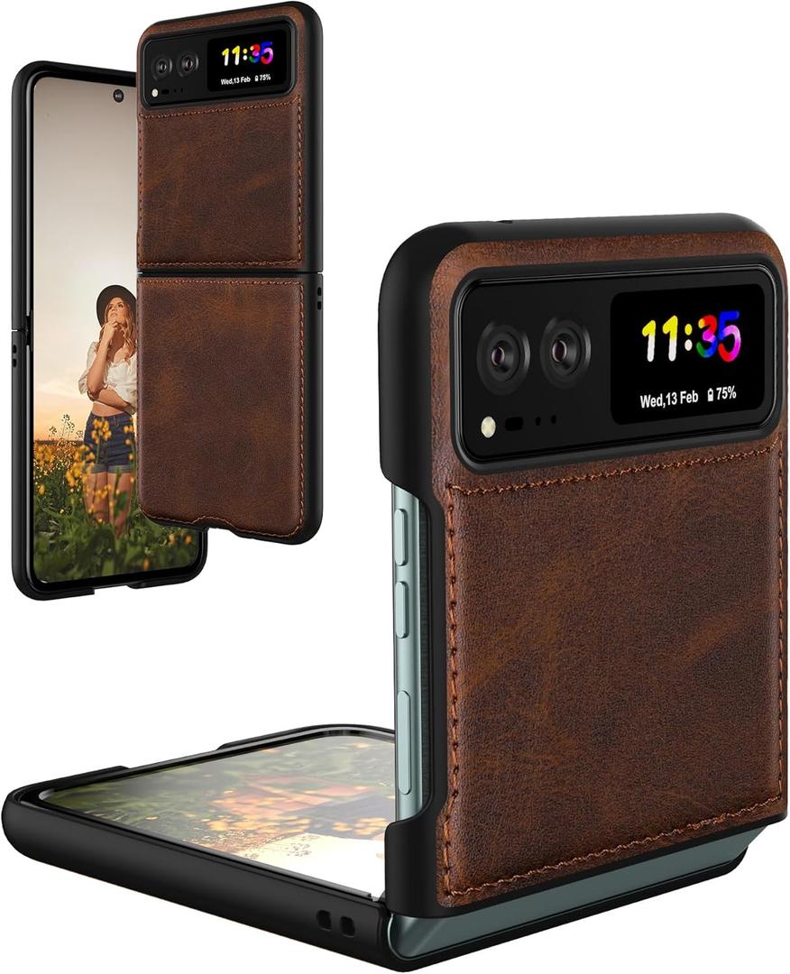 Foluu for Motorola Razr 2023 Case [Not fit Razr Plus 2023], Moto Razr 2023 Leather Case, PU Leather + Hard PC Shell Ultra Thin Slim Durable Protective Phone Case Cover for Motorola Razr 2023 Brown