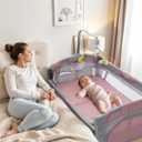 Soobaby 5 in 1 Baby Crib,Bedside Sleeper,Bassinet,Pack and Play with Bassinet and Changing Table,Portable Travel Playpen Music Box,Portable Travel Crib for Infant Newborn (Pink Gray)