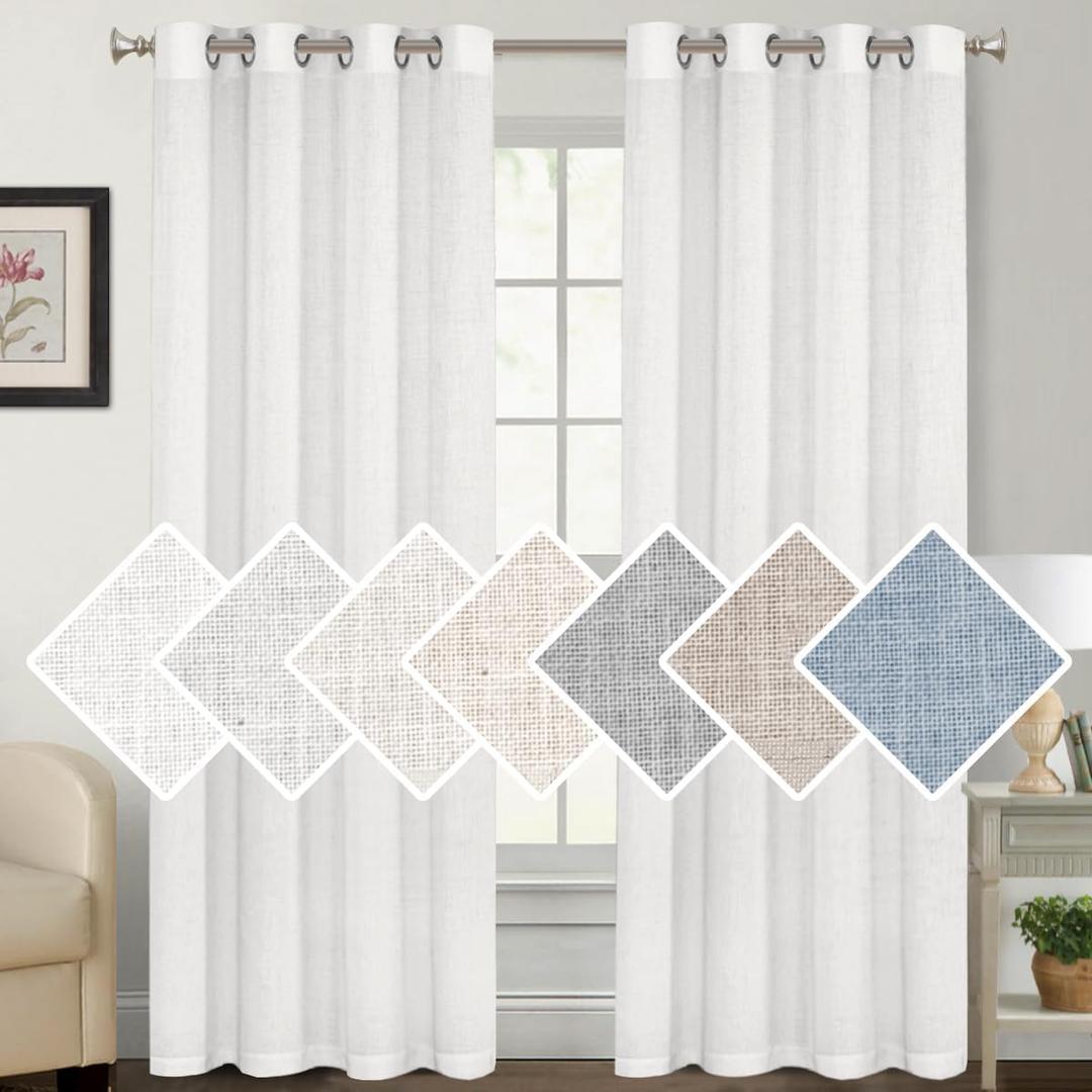 Natural Linen Blended Curtains Window Treatments Panels for Living Room Grommet Top Light Filtering Drapes Privacy Added Linen Textured Curtains, 2 Panels (Pure White, 52" W x 84" L)