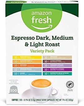 Espresso Dark, Medium & Light Roast Aluminum Capsules, Variety Pack, Compatible with Nespresso Original Brewers, 100 Count (10 Packs of 10)By 3 JUN 2027