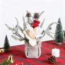 13.8 Christmas Flower Desk Decor Tabletop Small Artificial Potted Christmas Tree-Snowy Poinsettia, Red Berry, Pinecone & Pine Branches Arrangement in Burlap Vase (Cream White Magnolia)