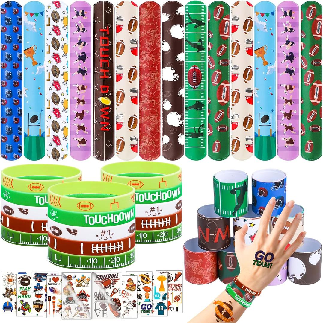 Moncinday 60PCs Football Party Favor Football Slap Bracelet Football Wristband Silicone Bracelet Football Tattoos for Kids Sports Themed Birthday Party Decor