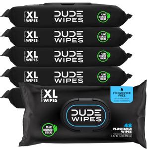 DUDE Wipes Unscented Adult Flushable Wet Wipes, Sensitive Skin, 288 Count
99% water, extra large flushable butt wipes. Fragrance free, hypoallergenic, vitamin E and aloe. Septic safe. 6 packs of 48.