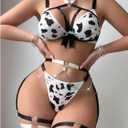 WDIRARA Women's 9 Piece Cow Print Hollow Out Strappy Lingerie Set with Garter Belt Black and White X-Small