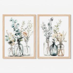 Framed Boho Eucalyptus Wall Art 2Pcs,Sage Green Plant and Flower in Glass Vase Canvas Prints, Minimalist Botanical Painting Picture, Nature Poster Artwork for Living Room,Bathroom, Kitchen Wall Decor 8X10IN