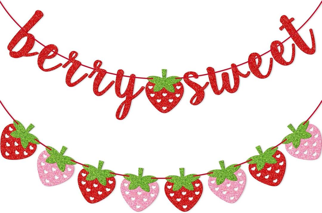 Berry Sweet Banner, Glitter Strawberry Banner, Sweet One, Two Sweet, Twotti Frutti, One in a Melon, Strawberry Baby Shower, Birthday Decor (Multi-Red)