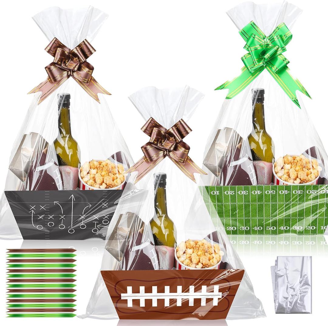 Yeaqee 12 Sets 8 x 10 Inch Football Party Decorations Baskets for Gifts Empty Baskets with Bows Ribbons Bulk Gift Boxes Football Bowl Game Day Gift Box Favors