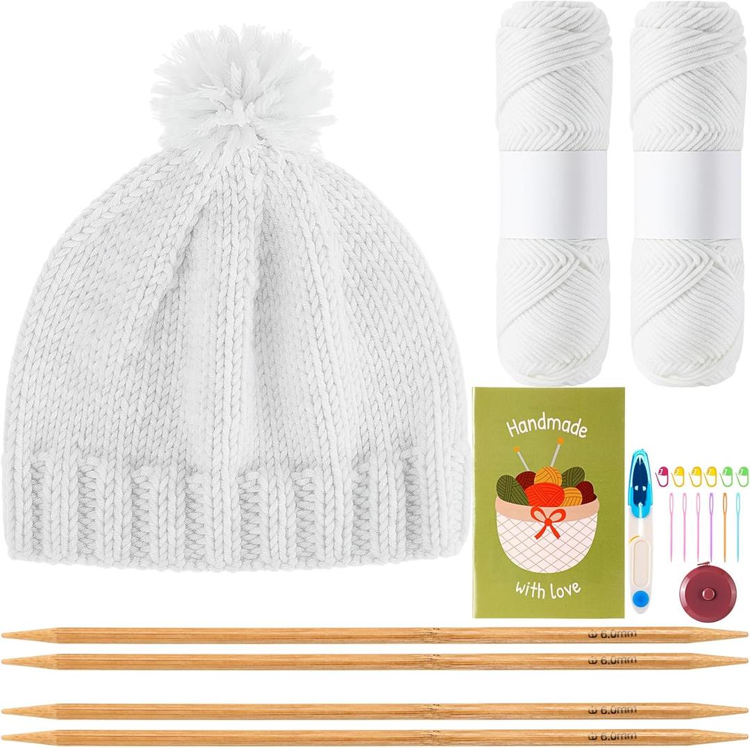 Maasechs Knitting Kits for Beginners Adults Complete Hat Knit Set with Yarn Bamboo Needles Starter Crochet Kit with Full Knitting Crochet Accessories for Women and Men (White)