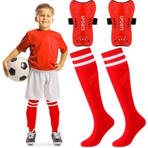 Syhood Soccer Shin Guards and Socks for Toddler Kids Youth, Lightweight Soccer Shin Pads Protective Defender Gear for Children Teen Boys Girls Sports Game(M Size,Red)