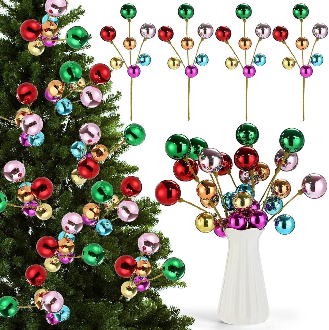 4 Pcs Christmas Tree Ball Floral Pick and Spray 15 Inch Multicolored Plastic Ball Branches Glossy Shapeable Stems Xmas Shatterproof Decor for Vase Tree Topper Wreath Garland Holiday Party