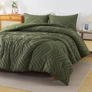 Andency Olive Green Comforter Set King Size, Boho Soft Fluffy Warm Lightweight Bedding Comforter Sets for King Bed, 3 Pieces Chevron Tufted Aesthetic Microfiber Lightweight Comforter Set (King (104*90 in))