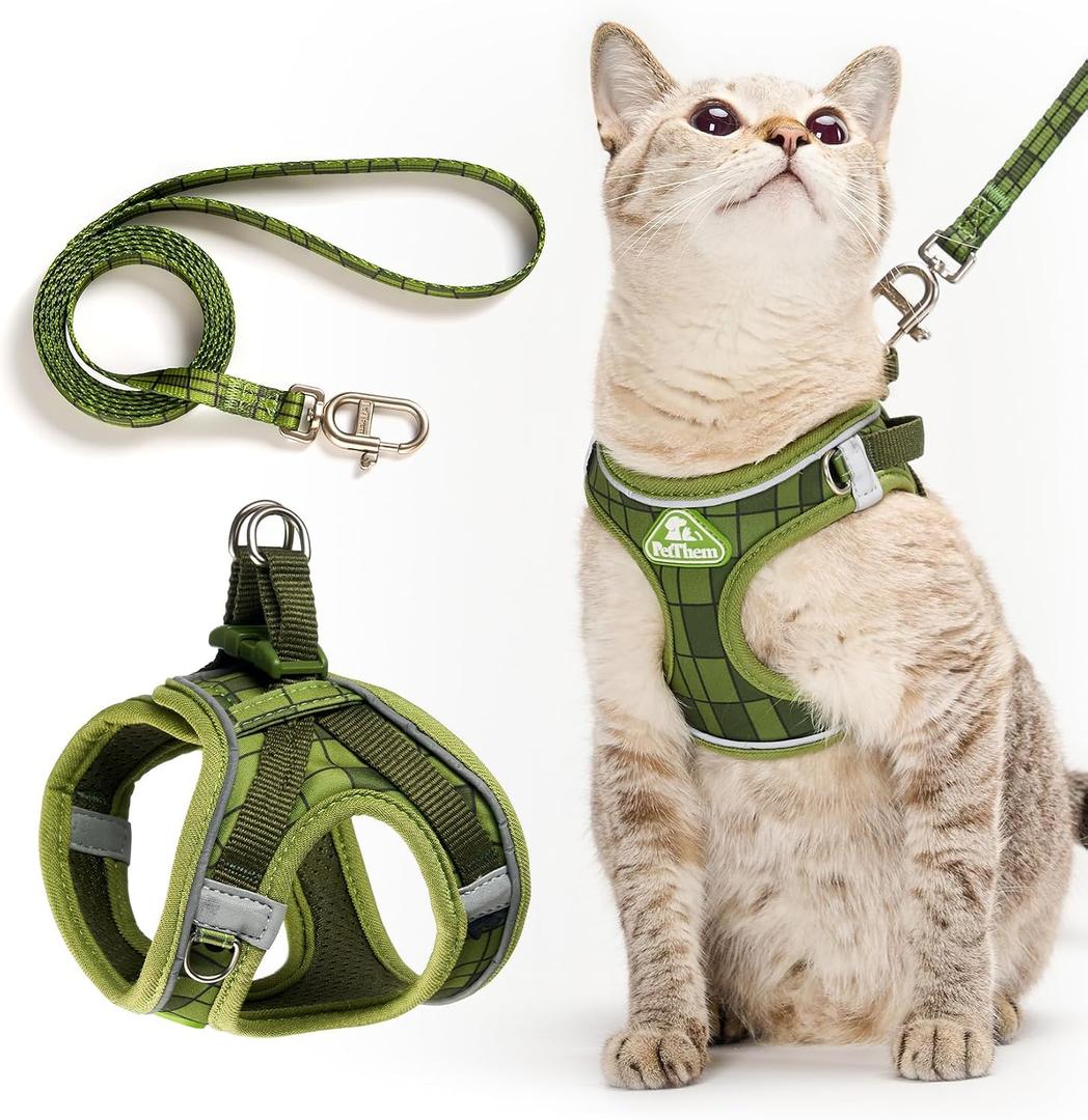 PetThem Upgraded Cat Harness and Leash Set - Step-in Escape Proof Adjustable Cat Harness, Comfortable Soft Lightweight, Reflective Harness for Walking, Travel, Camping (Growling Crocodile, L)