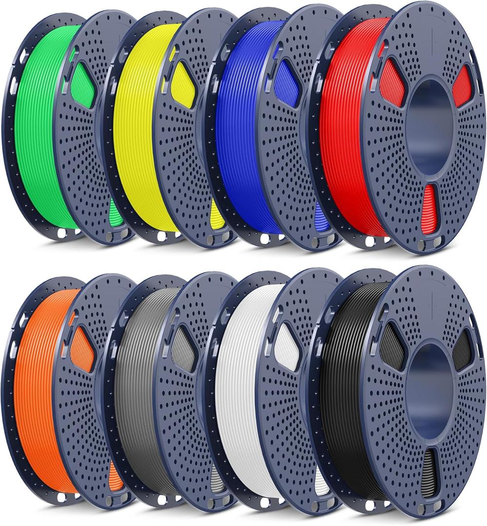 SUNLU PLA+2.0 3D Printer Filament Bundle, Multicolor PLA+ Filament 1.75mm, Individually Vacuum Packed, 0.25kg per Spool, 8 Pack, 2kg Total, Black+White+Grey+Red+Klein Blue+Yellow+Green+Sunny Orange