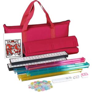 F2C American Mah Jongg Mahjong Set 166 Tiles, 4 Colors All-in-One Rack/Pushers, Red Soft Bag and Accessories –Classic Full Size Complete Mahjongg Mah Jong Set (Red)
