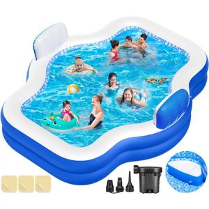 Large Inflatable Swimming Pool for Kids Adults, 121" X 90" X 22" Oversized Thickened Kiddie Pools Family Blow-Up Pool with Pump Seat, Inflatable Pools for Garden, Backyard, Indoor Outdoor Water Party