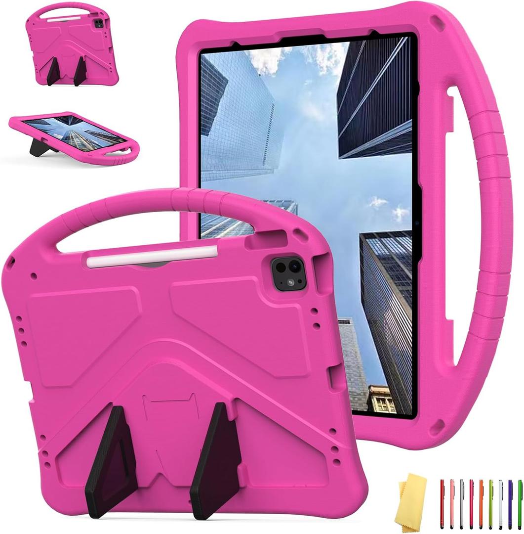 for iPad Pro 12.9 inch Kids Case 6th/5th/4th/3rd Generation (2022/2021/2020/2018) with Kickstand/Pencil Holder/Handle Stand Lightweight Soft EVA Shockproof Heavy Duty Protective Cover, Rose