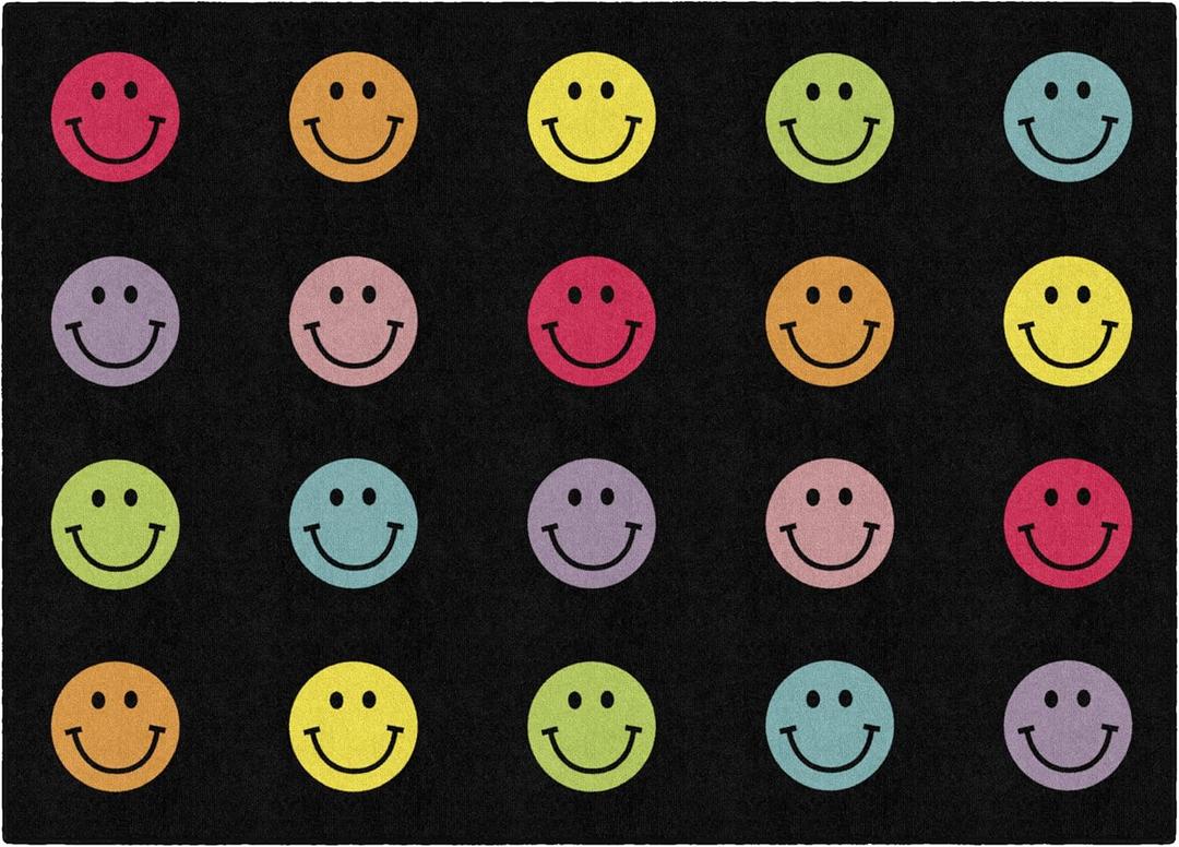 Flagship Carpets Schoolgirl Style Rainbow Smileys in Black Criss-Cross Applesauce Educational Area Rug for Kids Room, Children's Classroom for Teaching and Playroom, 5' x 7'6", Black & Multi, Seats 20
