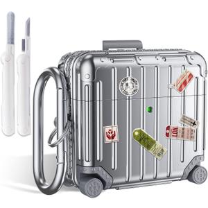 Compatible with Airpods 4 Case Cover 2024, Cute Fashion Suitcase Design for Airpods 4th Generation Case with Keychain/Cleaner Kit, Shockproof Protective Hard Case for Air pods 4 Gen(Sliver)
