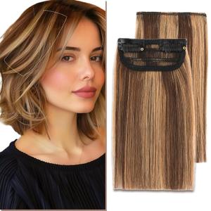 1 Pcs Short Clip in Hair Extensions Real Human Hair Short Clip in Hair Extensions Hair Pieces for Thinning Hair Increase Women Hair Volume 8 Inch 4P27 Chocolate Brown mixed Light brown