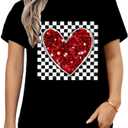 Valentines Day Tops for Women Casual Checkerboard Love Heart Print Valentine T Shirts Blouse Black XS