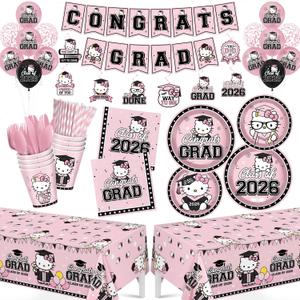 Pink Graduation Decorations, 249Pcs Graduation Party Tableware Supplies with Disposable Plates Napkins Cups Tablecloth and Congrats Grad Banner for Class of 2026 Party Decorations, Serves 24