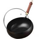 Carbon Steel Wok Pan, Nonstick Pre-Seasoned Woks & Stir-Fry Pans with Lid , No Chemical Coating Wok Flat Bottom Small Handmade Chinese Wok for Induction, Gas, Electric & All Stoves (11INCH wooden lid)