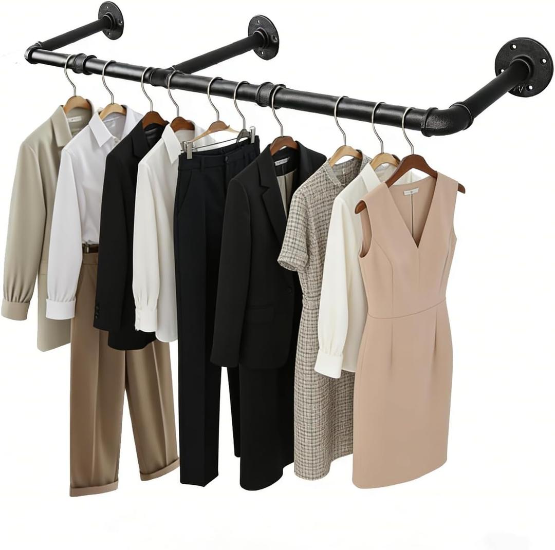 40 INCH Clothes Rack Wall Mounted,Industrial Pipe Garment Rack,Multi-Purpose Clothing Rod for Closet,Laundry Room,Retail Display,Black