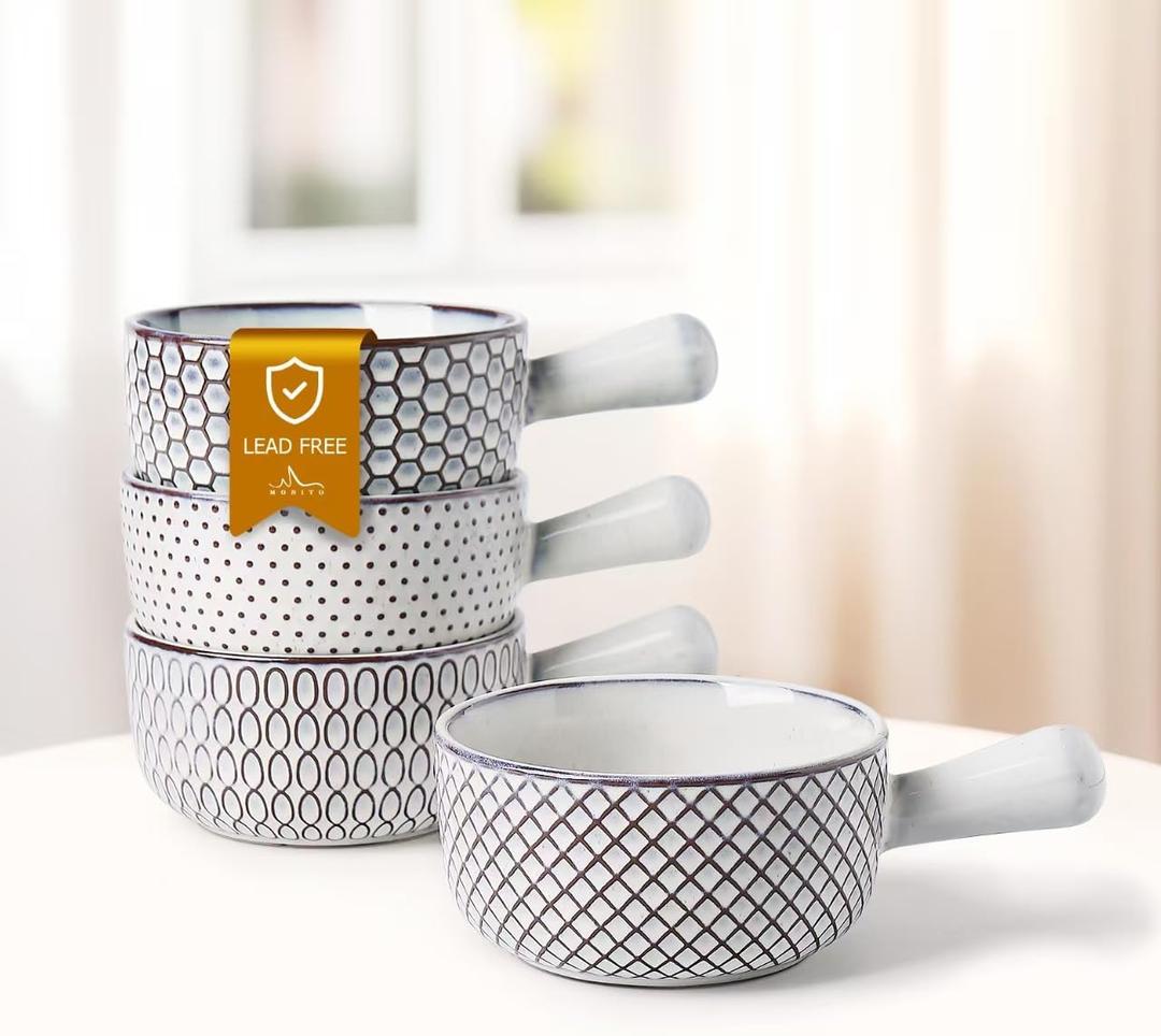 MONITO 28 Oz French Onion Soup Bowls With Handles, Stackable Ceramic Soup Crocks, Serving Bowls Set of 4, Oven/Microwave/Dishwasher Safe, for Chili, Beef Stew, Cereal, Pasta, White-blue