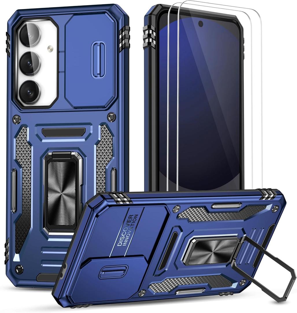 Ezanmull for Samsung Galaxy S24 FE Case with Slide Camera Cover + Screen Protector(2 Packs), Rotated Ring Kickstand Military Grade Shockproof Protective Cover for Samsung Galaxy S24 FE (Dark Blue)