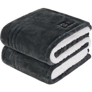 Sealy Heated Blanket Throw with Built-in Button Controller, Reversible Flannel to Sherpa Electric Blanket with 210 Hours AutoOff & 4 Heating Levels, Overheat Protection, 50x60 inch, Charcoal