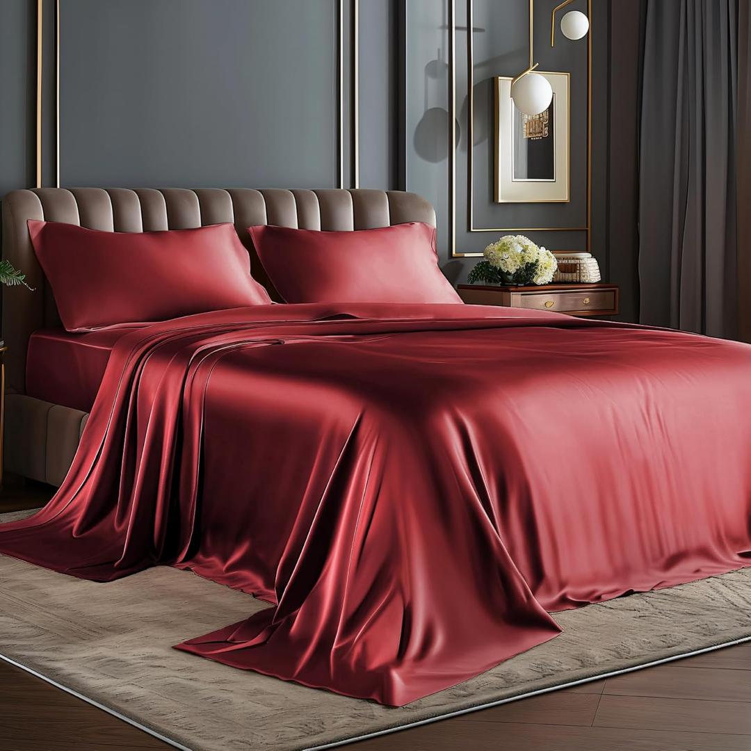 BEDELITE California King Sheets Set, Luxury Soft Burgundy Satin Sheets for Hair and Skin, Similar to Silk Bed Sheets Set 4 Pieces with 1 Deep Pocket Fitted Sheet, 1 Flat Sheet, and 2 Pillowcases