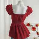 SHENHE Women's Summer Puff Sleeve Peplum Blouse Smocked Tie Bow Coquette Chiffon Shirt Top (Red, M)