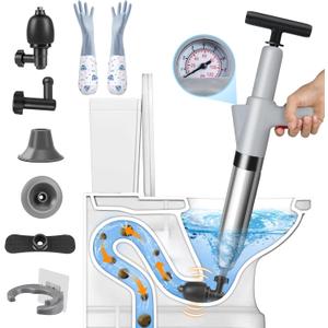 inShareplus Toilet Plunger, Grey Toilet Unblocker Heavy Duty, High Pressure Plunger Kit with 4 Replaceable Heads and 1 Gloves Plunger Unblocker for Unblocking Toilets, Bathtub, Floor, Drain