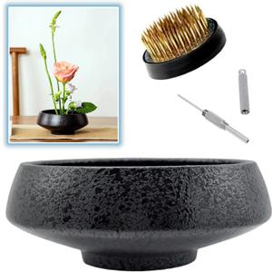 Japanese Ikebana Vase Kit, Flower Shallow Container Ceramics Flower Bowl Flower Arrangement Vase with 1.57inch Flower Frog and 2 in 1 Kenzan Needle Straightening Tool