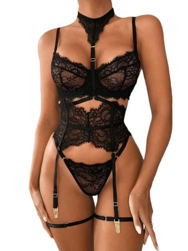 Kaei&Shi Garter Lingerie Set For Women, Sexy Floral Lace, Strappy High Waisted Hide Belly, 4 Piece With Exotic Choker Belt,Black,Medium
