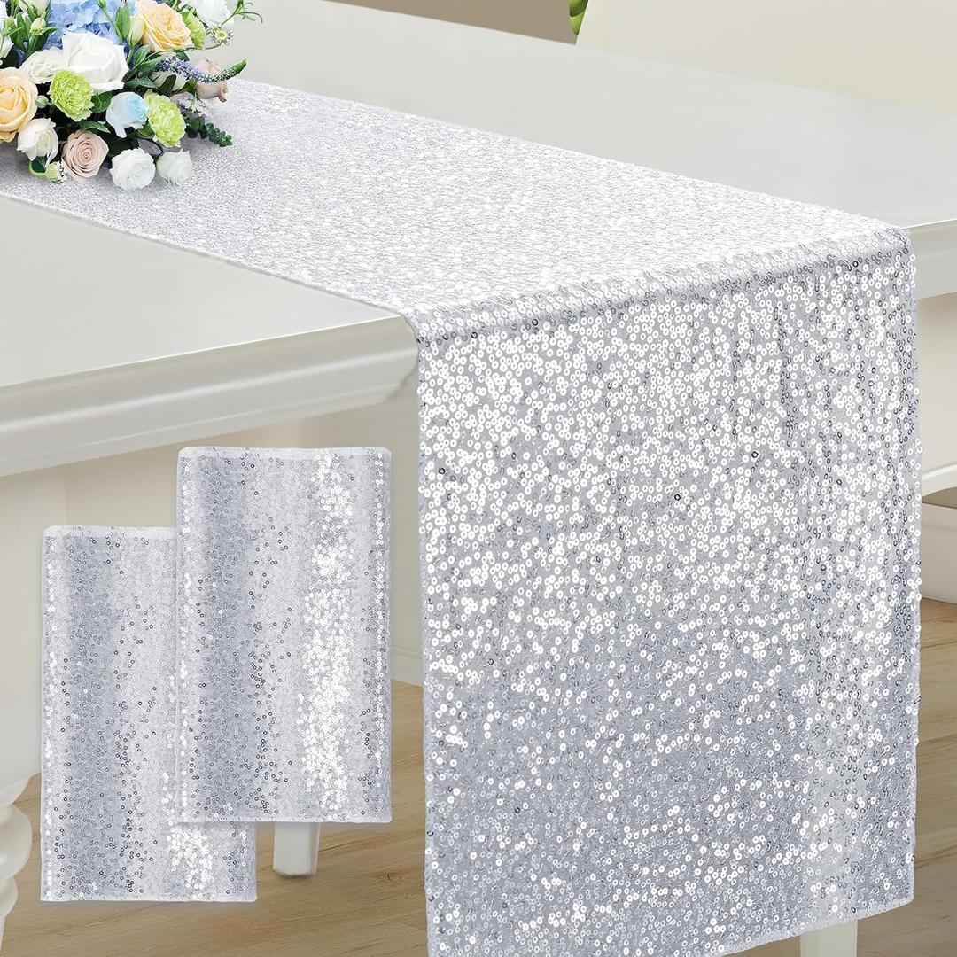RUDONG M 2 Pack Silver Sequin Table Runner 12 x 108 Inch, Rectangle Glitter Table Runner Dining Table Centerpiece Decorations for Weddings, Banquet, Holiday, Birthday Party