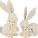 DR.DUDU 2 Pack Easter Bunny Figurines Decor, Rabbit Figurine Table Decorations, Spring Bunnies Decoration Cotton Woven Statue for Home Indoor Centerpieces Fireplace Farmhouse Gifts (Beige)