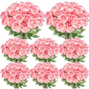 Hotop 80 Pcs Rose Artificial Flowers Bulk with Long Stem, Silk Roses Realistic Fake Flowers Bouquet for Wedding Table Centerpieces Bridal Shower Party Home Decorations(Gradient Pink)