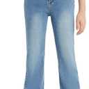 EXARUS Girls Flare Jeans Bell Bottom Teen Denim Pants Flared Ripped Cute Bootcut Mid Rise Elastic Band Pockets Kids (Blue)