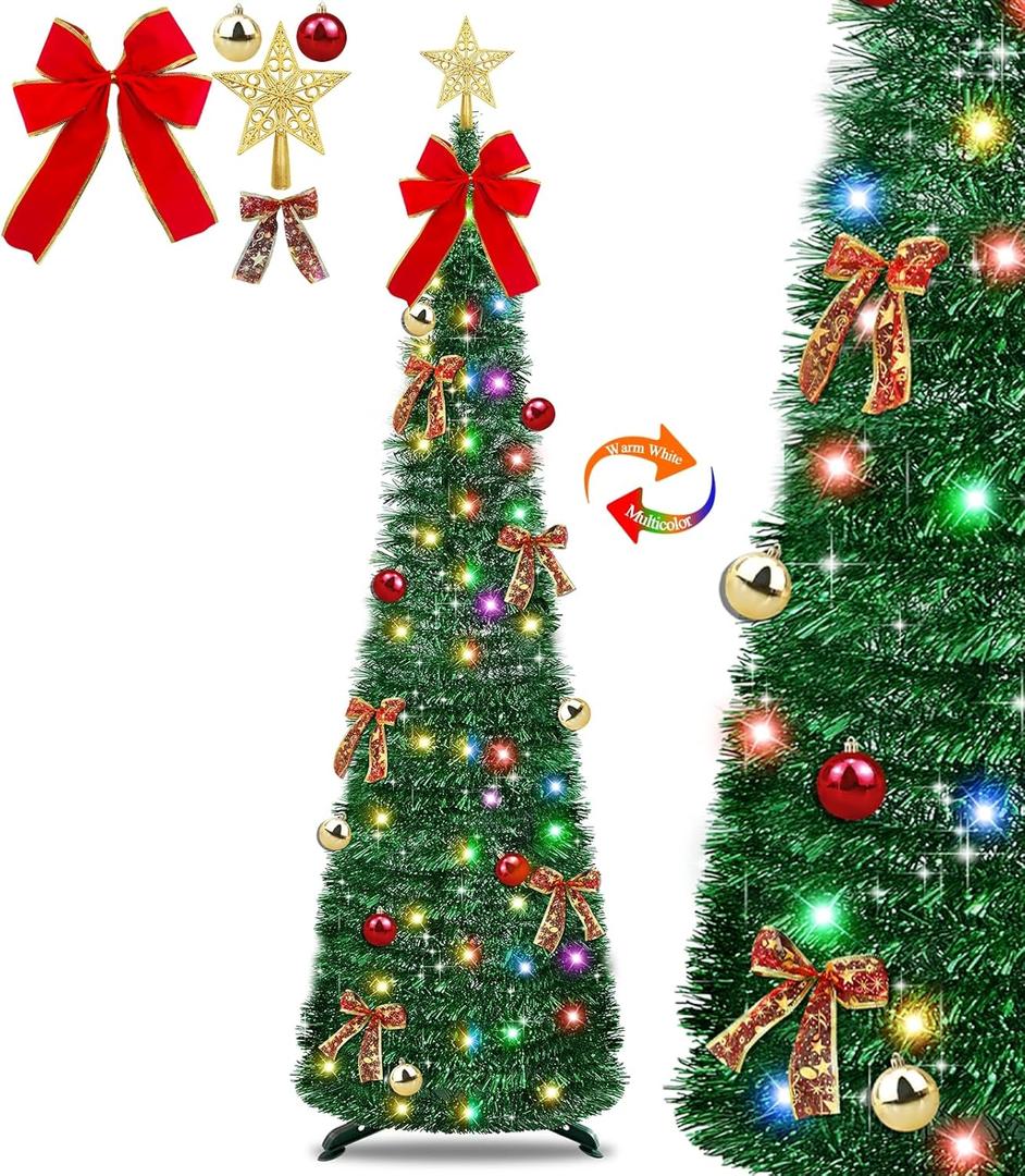 TURNMEON 6 Ft Pop Up Tinsel Christmas Tree Dual Color Change Lights DIY Ornaments Star 18 Ball 10 Bow Skinny 1 Minute Xmas Tree Warm White & Multicolor Light Timer Christmas Decorations Holiday Indoor
