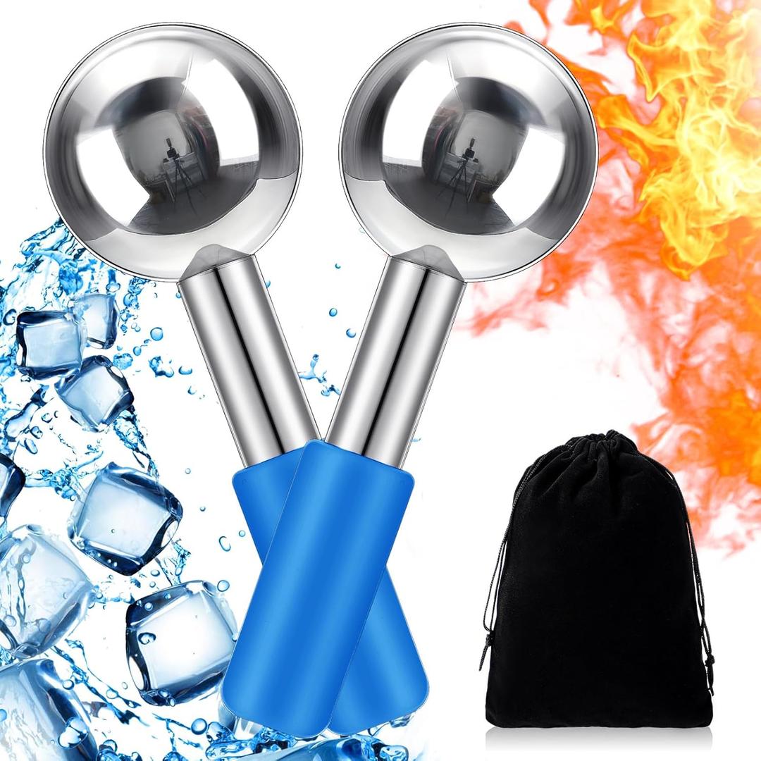 Baderke 2 Pcs Ice Globes for Face Stainless Steel Cooling Globes Unbreakable Cooling Roller Women Ice Balls Cryo Sticks Facials Skin Care for Dark Circles, Puffiness(Silver (Blue Handle))