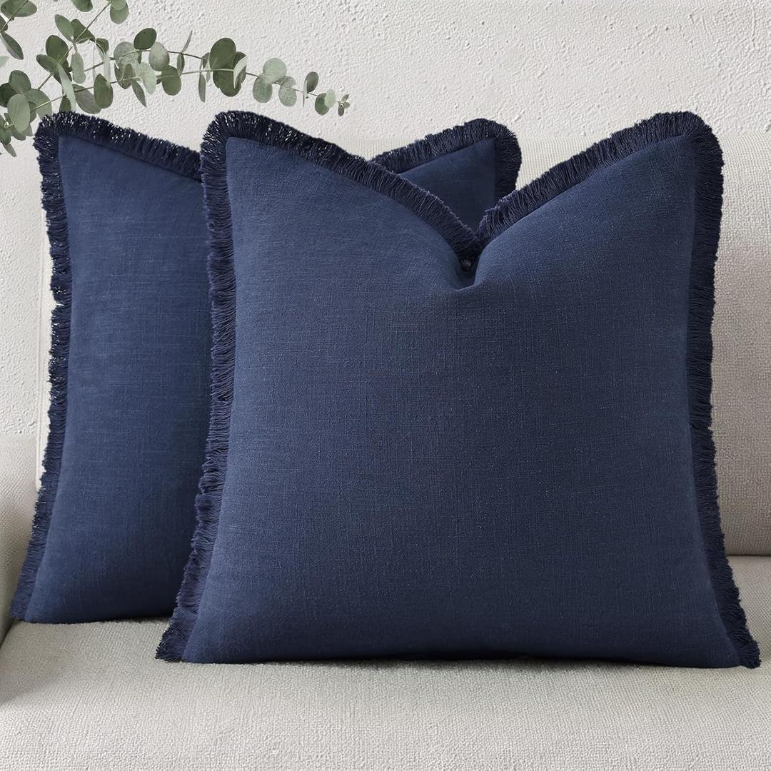 DecorUhome Summer Decorative Neutral Linen Fringe Euro Sham Throw Pillow Covers Set of 2 Navy Blue Pillow Covers with Tassels Soft Farmhouse Boho Accent Pillow Cases for Couch Bed Sofa 24x24 Inch