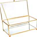 Vintage Gold Glass Keepsake Box Jewelry Holder Desktop Organizer, Decorative Accent, Vanity, Wedding Bridal Party Gift, Beveled Glass Boxes, Golden (Meas. 7.1x3.4x1.8)