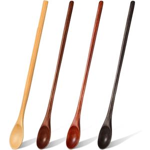 4 Pcs 13 Inch Long Handle Wooden Spoons for Cooking Long Handle Tasting Tea Spoon Wooden Utensils Vintage Stirrer for Kitchen Soup Coffee Cocktail Honey Mixing Stirring, 4 Colors