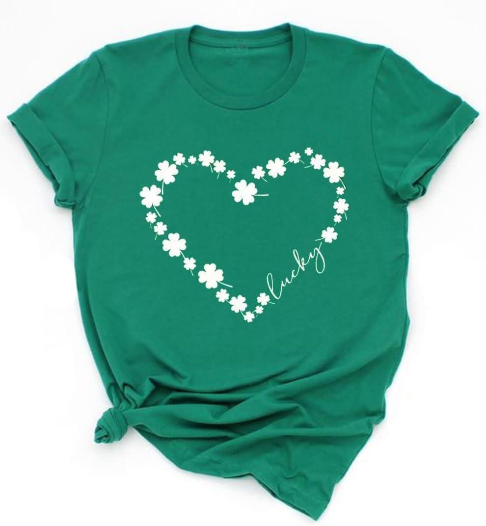 Womens St Patrick's Day Clover T-Shirt Shamrock Heart Graphic Tees Get Lucky Shirt Irish Tops (L)