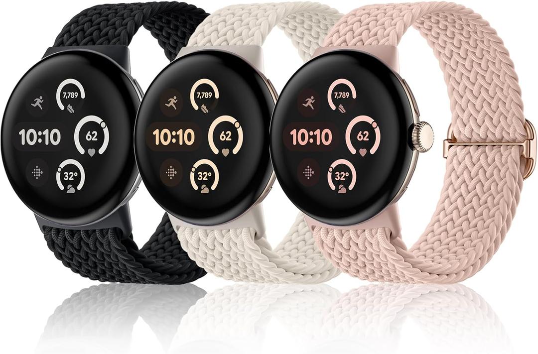 Maledan Braided Stretchy Band Compatible with Google Pixel Watch 4 3 41mm/ Pixel Watch 2 1 Band for Women Men, 3 Pack Soft Nylon Breathable Sport Replacement Strap for Google Smartwatch 41mm Accessory, Black Starlight Pink