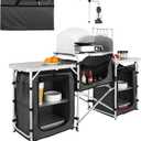 VEVOR Camping Kitchen Table, Folding Outdoor Cooking Table with Storage Carrying Bag, Aluminum Cook Station 3 Cupboard & Detachable Windscreen, Quick Set-up for Picnics, BBQ, RV Traveling, Black