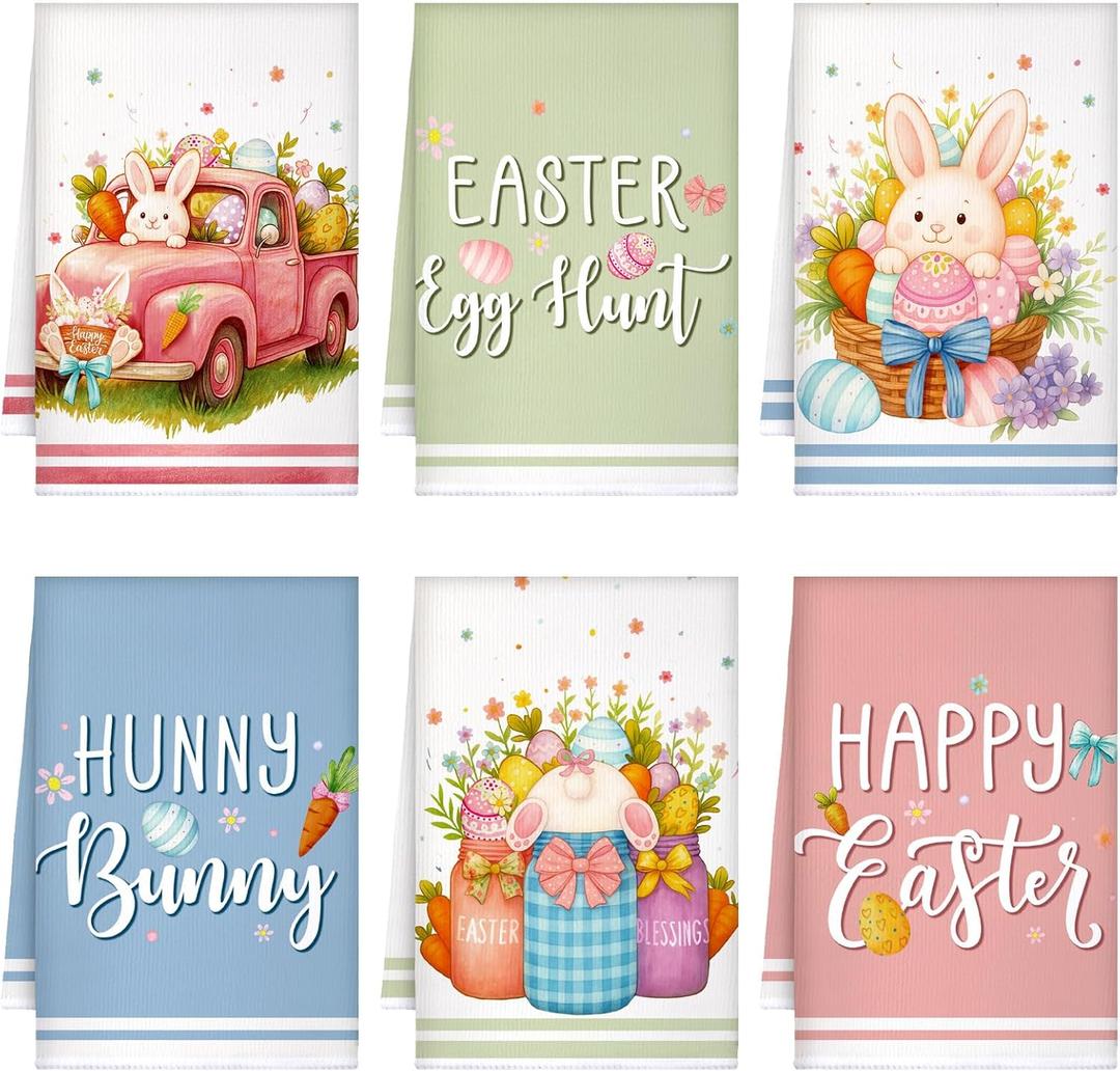 Preboun 6 Pcs Easter Kitchen Towels Cute Bunny Eggs Dish Hand Towels Macaron Happy Easter Themed Dish Cloth House Decorative Farmhouse Tea Cloth Absorbent for Home Kitchen Bathroom Decor (Colorful)